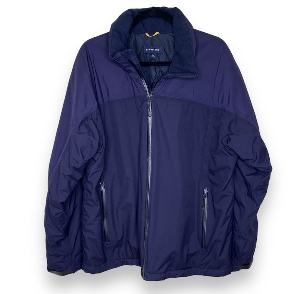 Lands End Aquacheck Thermolite Zip Front Hooded Navy Jacket Coat Men Large 42 44